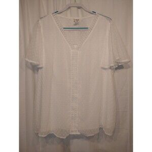 Naif Blouse 2X White on white Sheer Lined Flowy polka dot button up blouse top